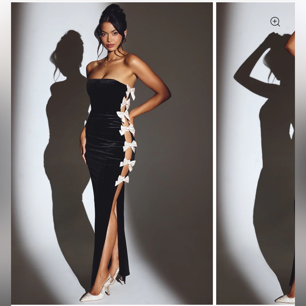 Oh Polly Velvet Bow Detail Maxi Dress in Jet Black sz2